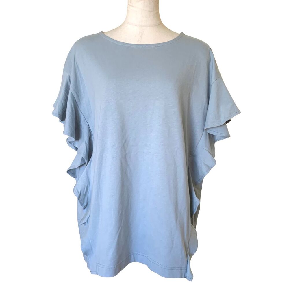 NWT Oversized Light Blue Ruffle Sleeve Top M Loose Fit Cotton Blend